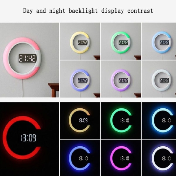 LED-speil hul veggklokke 7 fargeveksling elektronisk digital skjerm veggklokke (