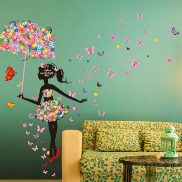 Nature Series Vacker Blomsterflicka med Paraply Avtagbar Vinyl DIY Väggmålning
