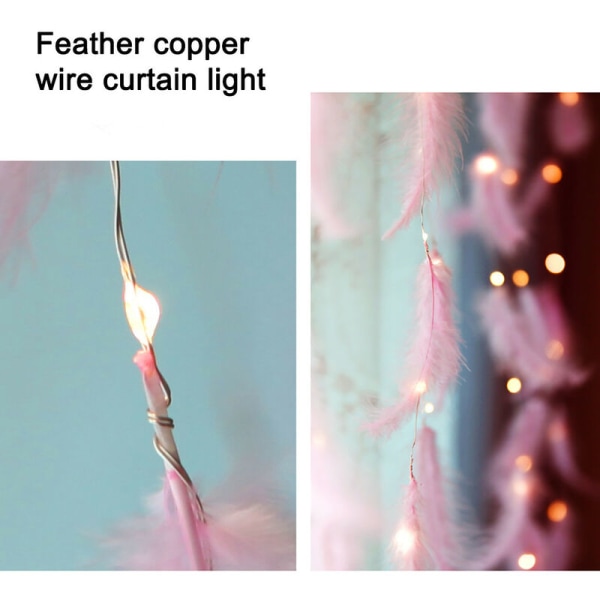 Fjerlys, LED dekorative lys, romantisk hængende gardindekoration med USB fjernbetjening Hvid Pink Fjer 3×3m KLB