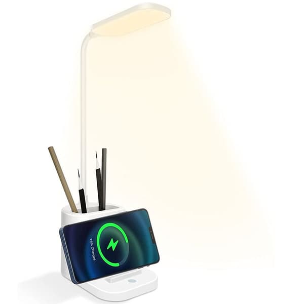 LED-skrivebordslampe med trådløs lader, øyevennlige skrivebordslamper for KLB