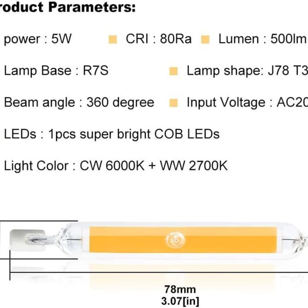 5W R7s 78MM J78 COB Filament LED-lampa, 500 lumen 360 grader, 30W 48W 50W halogenlampa