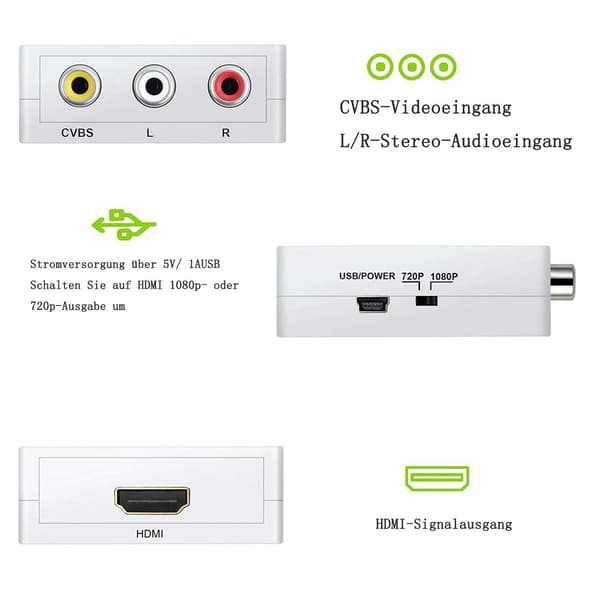 RCA til HDMI-omformer, AV til HDMI-adapter ABLEWE 1080P Mini RCA Composite CVBS KLB