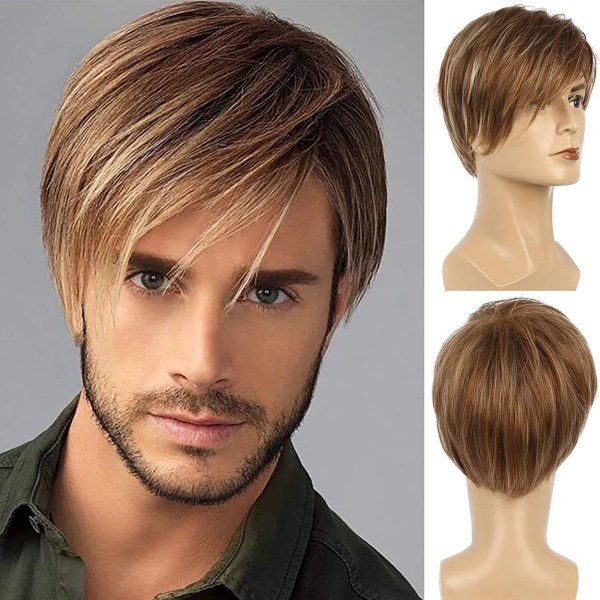 Men's wig brown short hair straight bangs