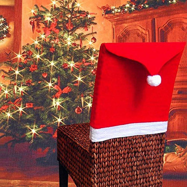 Julstolsskydd Set om 6 Jultomten Stolsöverdrag Jul Stolsmössa Vit