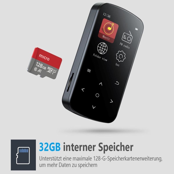 AGPTEK MP3-afspiller Bluetooth 5.0 Sport 32GB med 1,5 tommer TFT-farveskærm, KLB