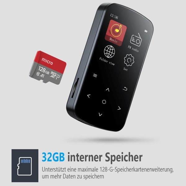 AGPTEK MP3-spiller Bluetooth 5.0 Sport 32 GB med 1,5 tommers TFT-fargeskjerm, KLB