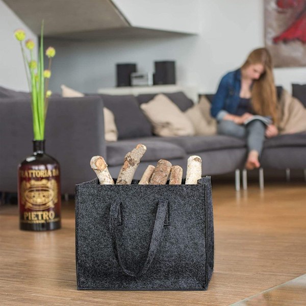 Brændekurv i filt, 36 x 26 x 10 cm, 2 håndtag, foldbar, avisholder