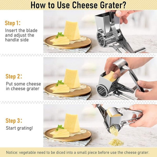 Keittiön pyörivä juustomylly, ruostumattomasta teräksestä valmistettu juustojauhokone, 4 terävää telaa,