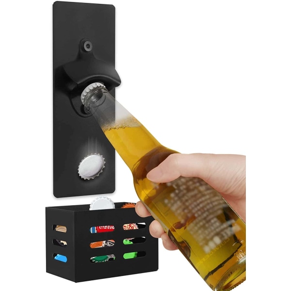 Magnetisk Flasköppnare med Korksamlare - Väggmonterad Ölöppnare Korksamlare för Kylskåp, Kök, Bar, Perfekt Present till Män Kvinnor, Svart