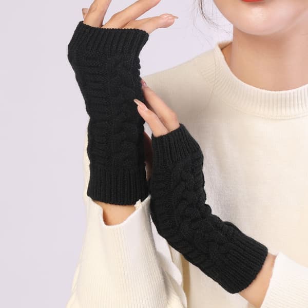 Ribbade handledsärmar Stretchy Cable Stickade Fingervantar Svarta KLB