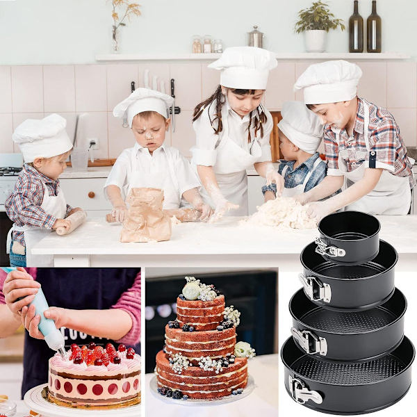 Sæt med 4 springform-pander, 12/18/22/26 cm runde bagepandesæt, kageform med KLB