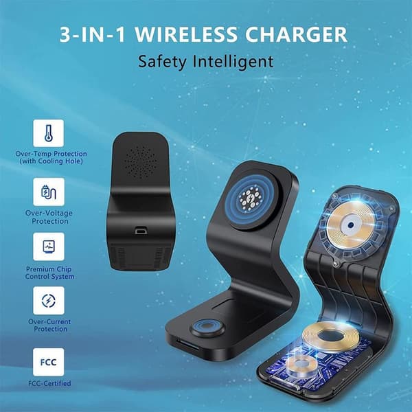 Magnetisk trådløs oplader, 3 i 1 15W trådløs oplader sort