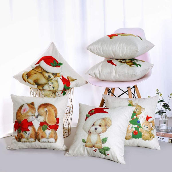 Set med 6 bomullslinnekuddfodral, för hem, sovrum, soffa, bil, jul kollektion katt hund örngott söt kuddfodral linne digitaltryck 45x45