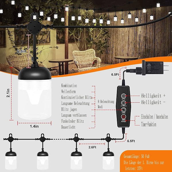 SUWITU LED-ljusslinga utomhus 15 m glödlampor ljusslinga utomhus ström med 8 KLB