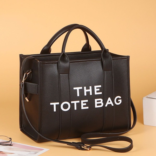 Lær tote bag for kvinner, håndveske med svart KLB