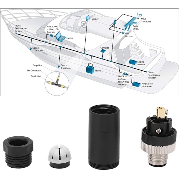 For NMEA 2000-stik, der kan installeres på stedet, M12 5-polet IP67 vandtæt bådtilbehør til Lowrance-netværk KLB