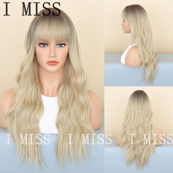 Damperuk Mode Blond Gradient Långt Lockigt Hår med Lugg