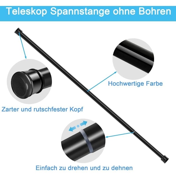 Udtrækkelig gardinstang uden boring til vindue, garderobe, badeværelse, 50-80 cm, sort (diameter 25 mm) KLB