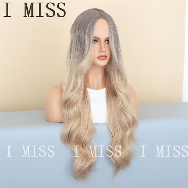 Grå blond gradient stor vågig naturlig syntetisk peruk