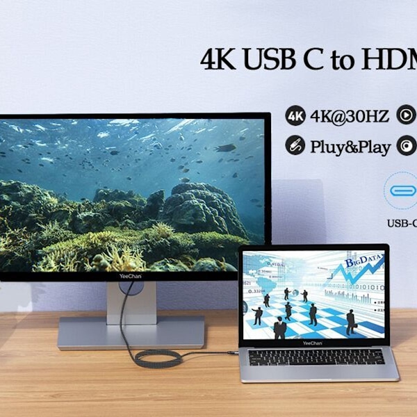 USB C til HDMI-kabel 4K, 10ft USB Type C til HDMI-kabeladapter KLB