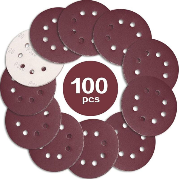 100 stk slibeskiver 125mm korn 320, sandpapir slibeskiver 8 huller ideel til slibning/polering til excentrisk slibemaskine KLB