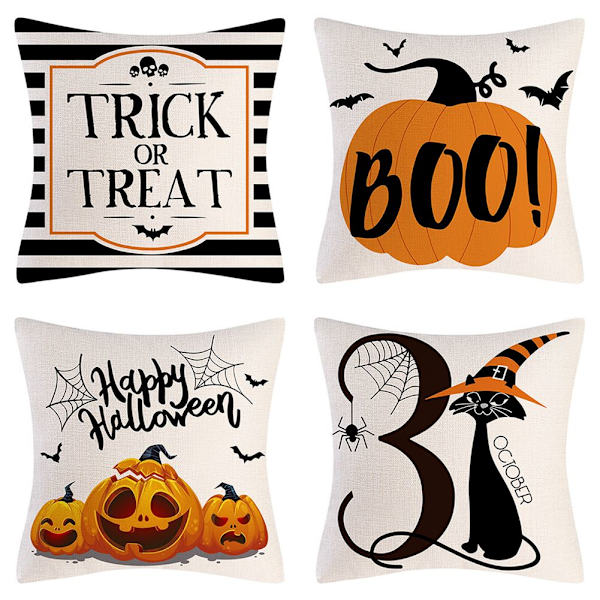 Halloween Dekoration, Halloween Kissenbezüge 18x18 Zoll 4er Set Süßes oder Saures Kissenbezüge Happy Halloween Leinen Sofa Bett Wurf Kissenbezug Dekoration