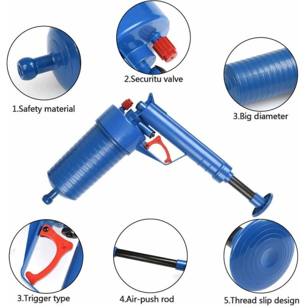 Avloppsrensare med tryckluft, högtryckspump med 4 olika sugkoppar för avloppsrensning i diskho, kök, bad och toalett KLB