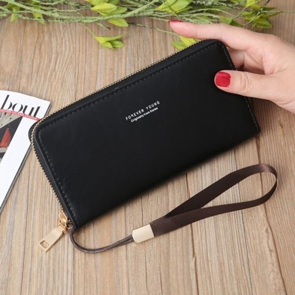 Matt Lang Lommebok Dame Lommebok Clutch Glidelås Veske (Svart)