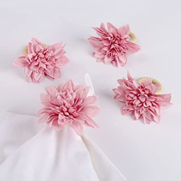 Sett med 6 håndlagde serviettringer med blomster, falsk rosa Dahlia, naturlige serviettringholdere for borddekorasjon, bryllup, Thanksgiving (Dahlia - Rosa)