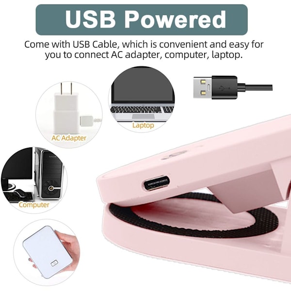 USB genopladelig LED-klemmelampe, læselampe med stjerne, lyserød