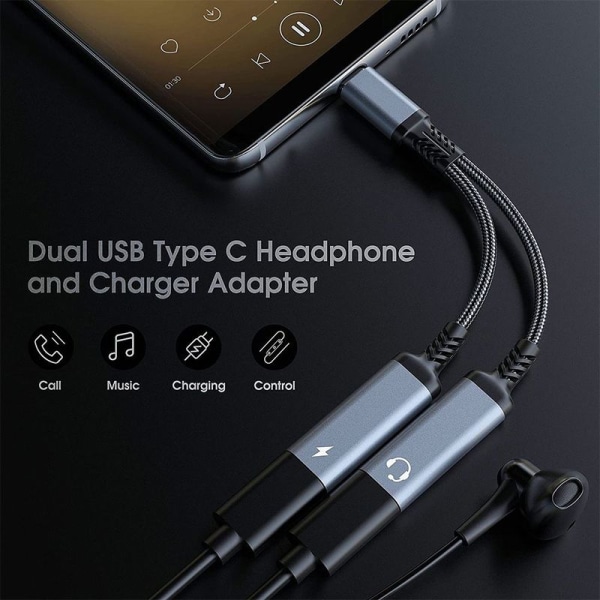 USB-C splitter, dubbla USB-C hörlurar och laddare adapter med TA2H-R2L60 grå