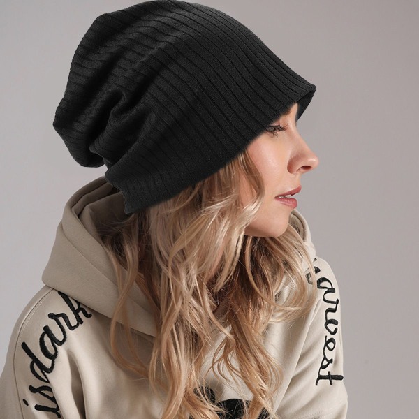 Slouchy Knit Beanie Hat for Women Vinter Myk Varm Dame Ull Stripet Svart KLB