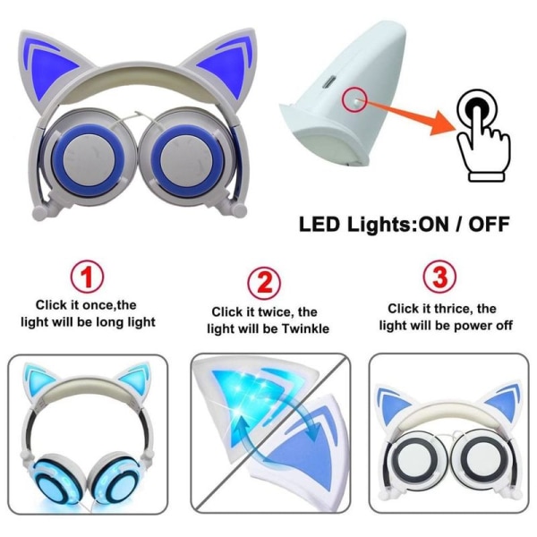 Cat Ear-hodetelefoner med LED-lysende blinkende, sammenleggbare hvitblå