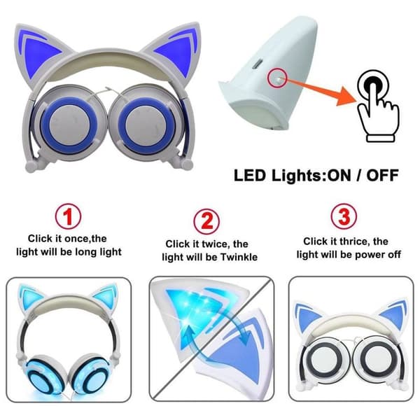 Kattørehodetelefoner med LED-lys som blinker, sammenleggbar hvit blå