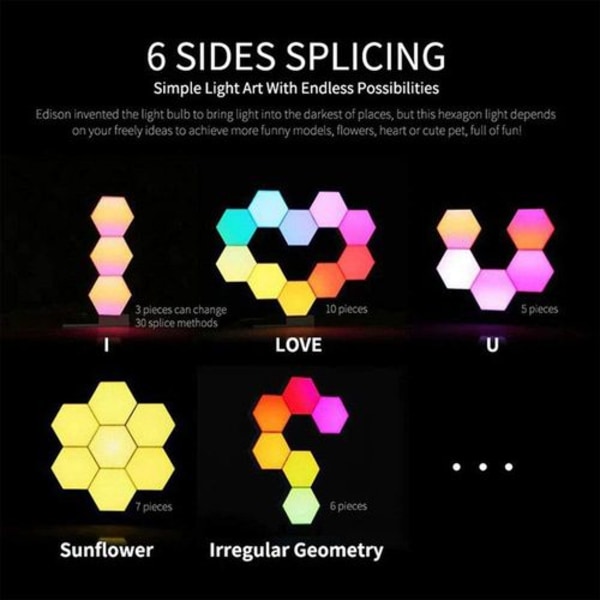 Paket med 6 hexagonala vägglampor med fjärrkontroll, smart touch modulär LED-lampa