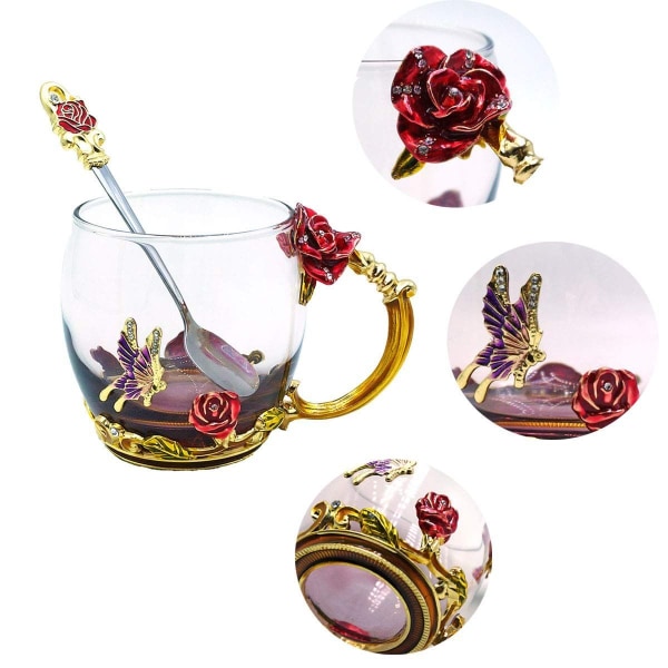 Glas Tekopp, Kristallklar Blomster Te Kaffe Kopp, Handgjord Emalj KLB