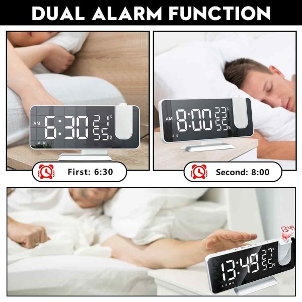 Soverom Projeksjonsvekkerklokke Digital Alarm Projektor Hvit - Hvite Tall