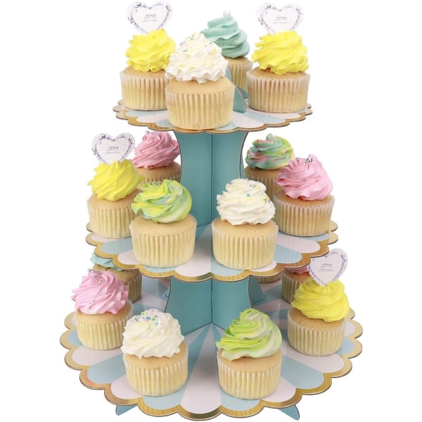 (Blå32cm*30cm)Cupcake Display 3 Etagers Pap Cupcake Holder til Baby Shower Børnefødselsdagsfest temafest