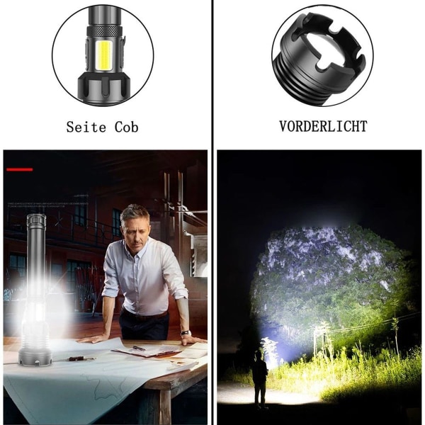 Extremt ljusstark LED-ficklampa, 7 ljuslägen USB-ficklampa XHP70 med 26650 batteri KLB