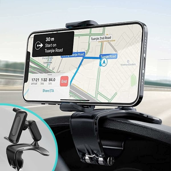 Biltelefonholder, multifunksjonell bildashboard bakspeil med 360° justerbar fjærklemme, egnet for 4-7 tommers smarttelefoner KLB