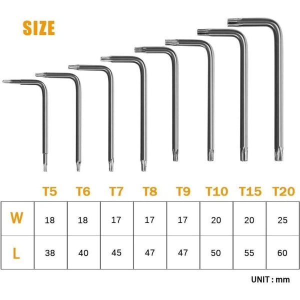 Torx-kulma-avain, 8-osainen Torx-kuusiokoloavainsarja, tähtipääruuvimeisseli