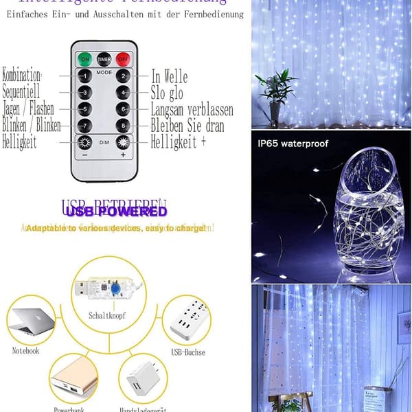 Lysgardin 3m x 3m, 300 LED 8 moduser Fjernkontroll Timer Justerbar KLB