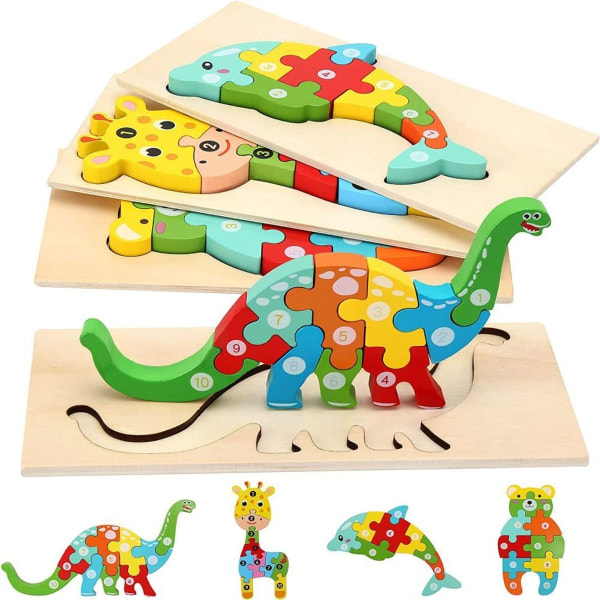 Træpuslespil Montessori læringslegetøj til børn fra 3 år og opefter, pakke med 4 KLB