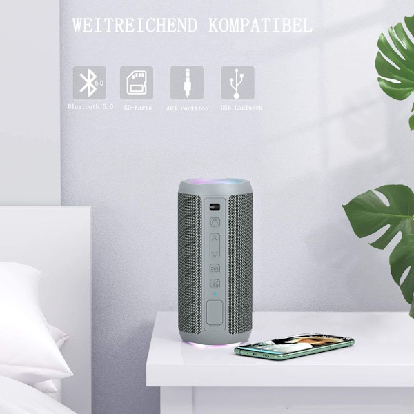 Bærbar trådløs Bluetooth-højttaler. LED-lys, IPX7 30 timer