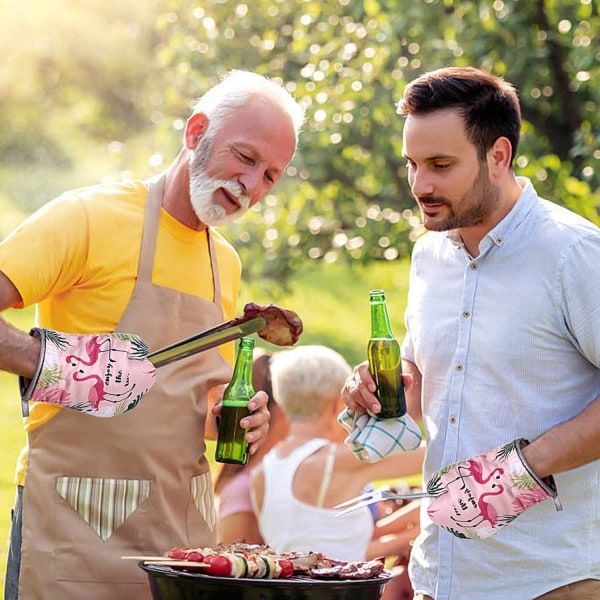 Ugnshandskar och grytlappar i bomull, värmebeständiga grytlappar för ugnsgrillning, matlagning och hantering (Flamingo)-
