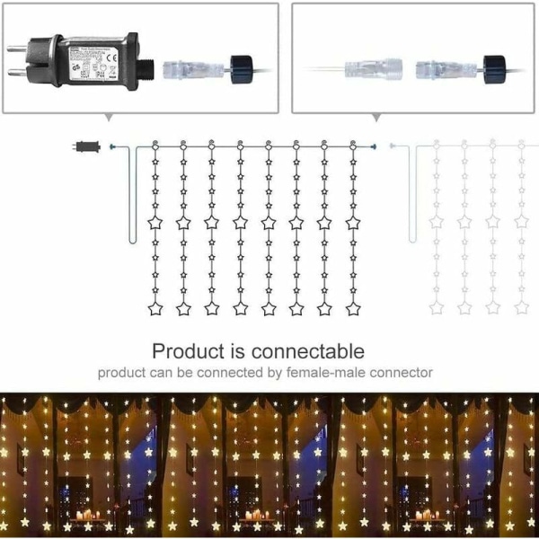 Stjernelys gardin, 144 LED vindusstanglys med 8 blinkende moduser dekorasjon for jul, bryllup, fest, hjem, soverom KLB