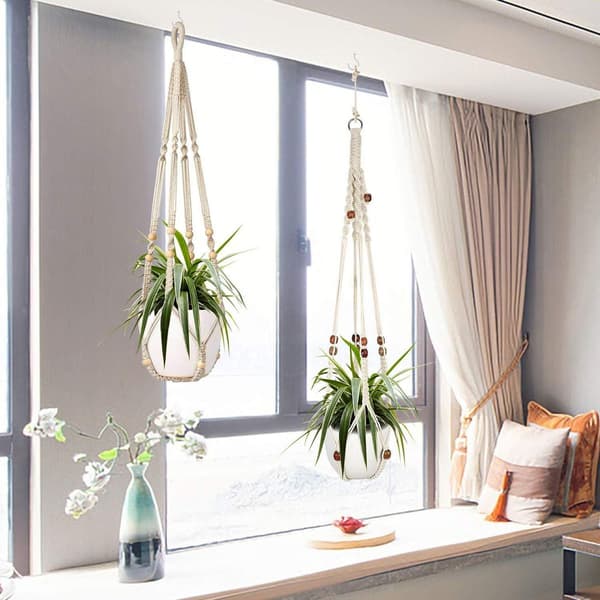 Set med 2 macramé hängande korgar, bomullstros hängande korgar, blomkruka växter