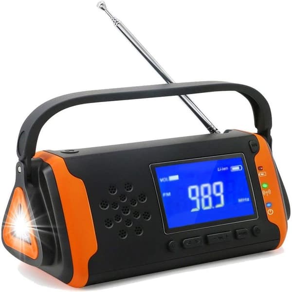 TKOOFN Solardynamo vevradio FM, bärbar multifunktionell utomhusnyhet