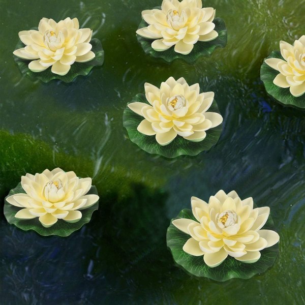 6 STK kunstig flytende skum lotusblomster, med vannliljepute-pynt, KLB