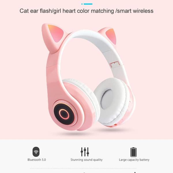 Trådløse Bluetooth-hodetelefoner med katteører og LED-lys, rosa
